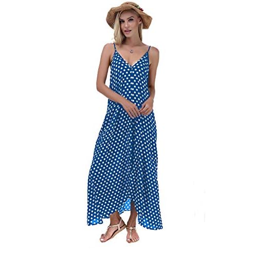 LILBETTER Women V-Neck Polka Dot Print Spaghetti Strap Boho Long Maxi Dresses
