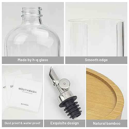 480ml/16.23 Oz Glass Pump Dispenser for Mouthwash With Disposable Cups Holder, Pour Spout Refillable Clear Container, Bamboo Tray, and Labels