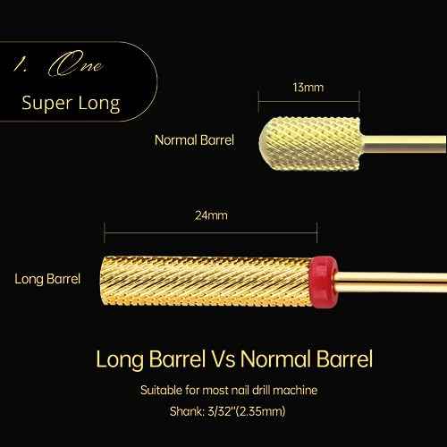 Nail Drill Bit, CORFULRA Super Long Barrel Nail Bit Carbide Tungsten Drill Bit for Nails, Upgrade Professional Advanced bit for Removing Acrylic Nails. Nail Tech Mush Haves (Gold, F)