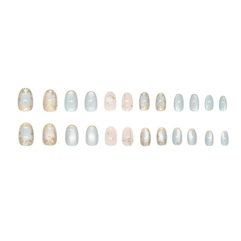 Gold Flower Press-On Nails - 24 Pcs Medium Almond 3D Floral Design | Full Cover Blue & White Acrylic Set