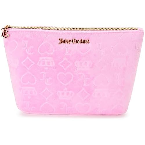Juicy Couture Pink Makeup Bag Cosmetics Organizer Travel Essentials Zip Top Wedge Velour Heart Crown
