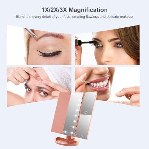 WEILY Makeup Mirror with 21 LED Lights,Two Power Supply Modes, Adjustable Touch Screen and 1x/2x/3x Magnification Tri-Fold Vanity Mirror,Chargeable Travel Cosmetic Mirror for Desktop(Rose Pink)