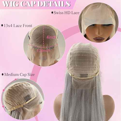 Grey Lace Front Wig 13x6 Silver Grey Wig Human Hair Pre Plucked Straight Lace Front Wigs Human Hair 24 Inch Glueless HD Lace Wig Colored