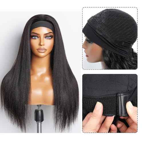 Straight Headband Wig Human Hair Brazilian Virgin Human Hair Wigs for Black Women Glueless Half Wig Machine Made No Lace Front Headband Wig Natural Black Color 22 Inch