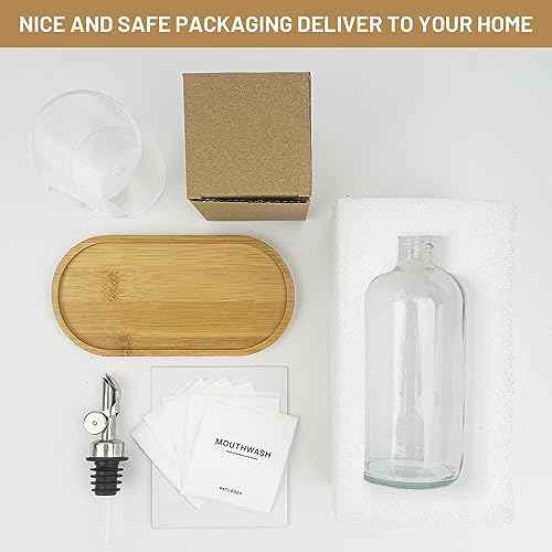 480ml/16.23 Oz Glass Pump Dispenser for Mouthwash With Disposable Cups Holder, Pour Spout Refillable Clear Container, Bamboo Tray, and Labels