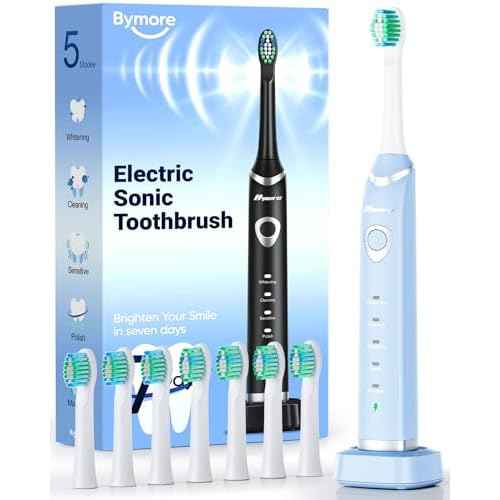 Bymore 8 Replacement Heads Electric Toothbrush for Kids, Ultra Clean Rechargeable Sonic Toothbrush Portable - Sky Blue