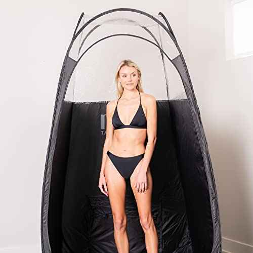 MineTan Spray Tan Folding Tent | Portable, Lightweight Pop Up Tanning Unit | Carry Bag, Black & 1/3 Clear | Designed - Professional Use, Mobile or Home Use | Great - Mobile Spray Tanner Techs