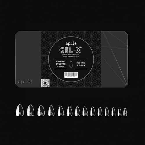 Apres Gel-X¢ç Stiletto Box of Nail Tips | 280 Gel-X Tips, Soft Tips, 14 Sizes 00-9 | Half-sizes Included (Natural Stiletto Extra Short, 280 Count)
