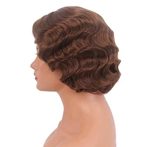H&Bwig Short Ash Brown 20s Wigs for Women Natural Finger Wave Synthetic Hair Wig for Women Lady Ladies Cosplay Anime Party Costume Anime Flapper Wig