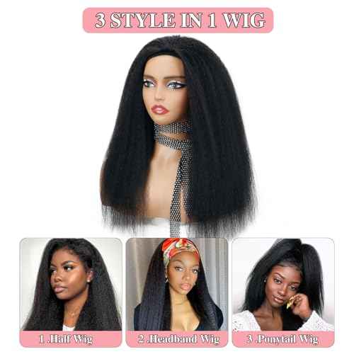 Nvnvdij Kinky Straight Half Wig Human Hair 200 Density 3 in 1 Seamless Flip Over Beginner Friendly Half Wigs 20 Inch