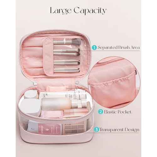 Vlando Travel Makeup Bag, Large Travel Toiletry Bag for Women Girl, Waterproof Cute Cosmetic Bag with Handle, Clear Make up Bag for Cosmetic, Brushes, Skincare-Apricot Pink