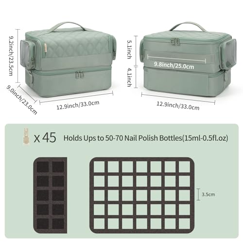 OCHEAL Nail Polish Organizer, Holds Nail Lamp and 45+ Bottles 2-in-1 Nail Polish Storage Case,Detachable Nail Techs Gel Kit Supplies Carring Bag for Manicurist Tools 45-Slot Nail Holder-Green