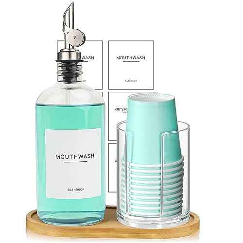 480ml/16.23 Oz Glass Pump Dispenser for Mouthwash With Disposable Cups Holder, Pour Spout Refillable Clear Container, Bamboo Tray, and Labels