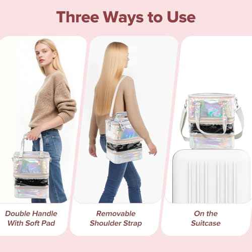 Nail Polish Organizer Case, 3 Layers Removable Nail Polish Storage Bag Holds 60 Bottles and Nail Lamp with Shoulder Strap Portable Holographic PU Leather Nail Kit Storage for Manicure Tools (Silver)