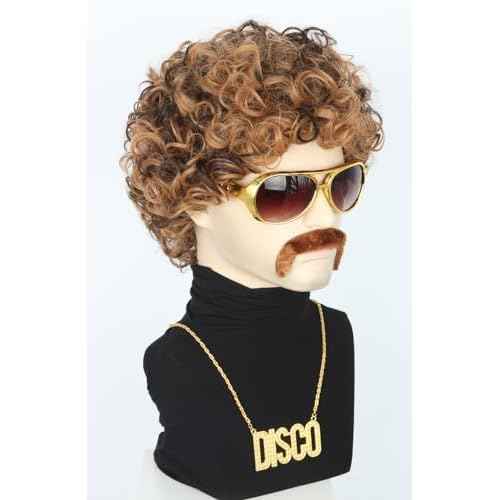 Topcosplay 5Pcs Set 70s 80s Disco Wig for Men or Women Afro Wig with Glasses Necklace Moustache Short Curly Hippies Wigs Blonde Brown