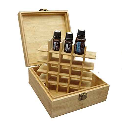 Pure Vie Bamboo Essential Oil Storage Box Travel Organizer Case with Bottle Cap Label - Aromatherapy Nail Polish Fragrance Container, Holds 25 Bottle for 5-15ml - Keep Scented Oil Safe & Space Saver