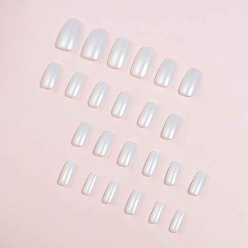 Skiennix White Chrome Press-On Nails - Short Almond Shape, Glossy Full Cover, 24 Pcs for Stunning Manicure