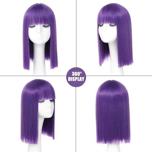 Purple Bob Wig With Bangs - Heat Resistant 14Inch Synthetic Hair, Short Straight Shoulder Length Natural-Looking Cosplay Wig for Daily Use, Parties & Women Girls