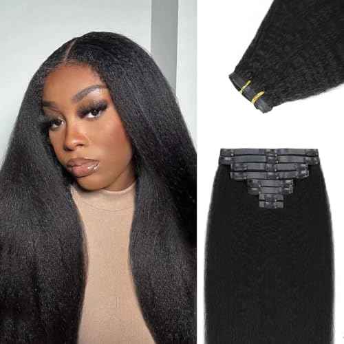 Seamless PU Clip in Hair Extensions for Black Women 100% Unprocessed Brazilian Human Hair PU Thin Weft Kinky Straight Clip ins Natural Black 8Pcs 18Clips 120g (PU-Kinky Straight #1B, 20 Inch)