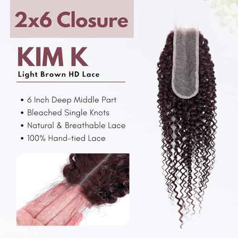 #99J Dark Burgundy Kinky Curly Human Hair Bundles with 2x6 Closure, 12A Remy Soft and Thick 3 Bundles with 2x6 HD Transparent Lace Closure Deep Part Colored Curly Wave Sew In 10 12 14+10 In