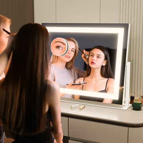 FENNIO Vanity Mirror with Lights 22''x18'' Makeup Mirror with Lights,Lighted Makeup Mirror with 10X Magnification and USB£¬Smart Touch Screen with 3-Color Lighting,Dimmable£¨Square White£©