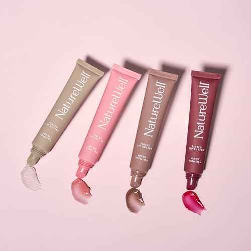 NATURE WELL Tinted Lip Butter Variety Pack, Shear & Subtle Tinted Moisturizing Balms, Vanilla Scented, Lightweight & Non-Greasy, Vitamin E, Shea, & Murumuru Butters, 0.50 Oz Each (Pack of 4)