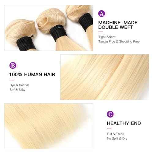 613 Bundles Human Hair Straight Human Hair Bundles Extensions Light Blonde Color Real Human Hair 613 Bundle Hair (121416 Inch)