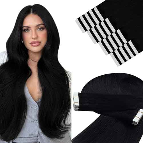 YoungSee 28 Inch Tape in Hair Extensions Human Hair Black Tape in Extensions Real Human Hair Tape-in Hair Extension Black Girl Glue in Hair Extension for Long Hair 50g 20pcs