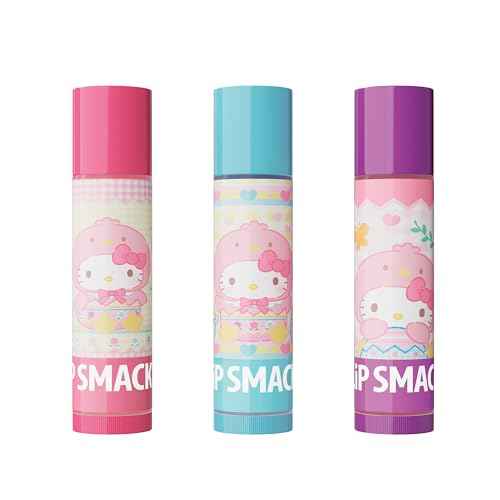 Lip Smacker Hello Kitty Lip Balm Trio, Adorable Sanrio Collectible, Moisturizing & Nourishing Fruity Flavors, Guavalicious Day, Raspberry Roll, Cherry Sweet- Blue