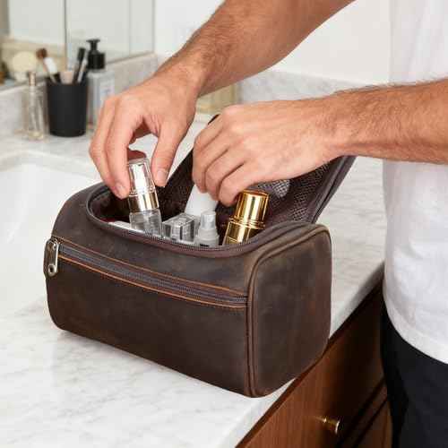 TIDING Mens Leather Hanging Toiletry Bag Travel Shaving Kit Portable Makeup Cosmetic Organizer Wash Case