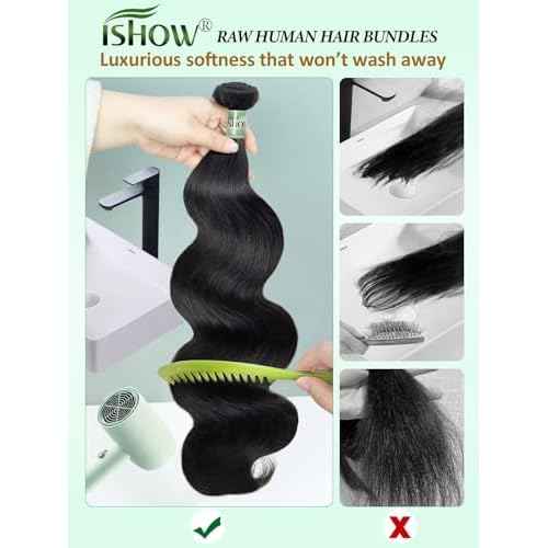 ISHOW Raw Human Hair Bundles, 100% Unprocessed Virgin Human Hair, 15A Body Wave Premium Quality Bundles Producer, 18 Inch Single Bundle, Long Lasting, Color 1B