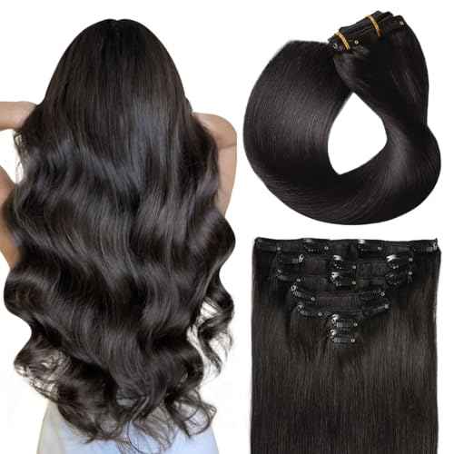SUYYA Clip in Hair Extensions Real Human Hair, 16 inch 120g Jet Black Clip in Hair Extensions Human Hair Straight Human Hair Clip ins Double Weft(16 inches #1 Jet black)