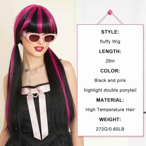 7JHH WIGS Wigs 28in Long Straight Wig Halloween Lolita Double Ponytail Wig for Women Black Wig with Rose Pink Highlight Cosplay Party wigs High Temperature Heat Resistant Fiber Natural Hairline Wig