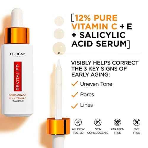 L'Oreal Paris Revitalift 12% Pure Vitamin C Serum, Brightening Serum For Face with Vitamin E, Salicylic Acid, 1 oz + Moisturizer Sample