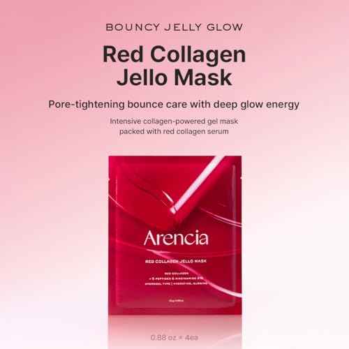 ARENCIA Red Collagen Jello Mask, Plump & Hydrating x 4ea, Overnight Hydrogel Mask for Dry, Mature Skin, Packed with Collagen, 5 Peptides, 2% Niacinamide