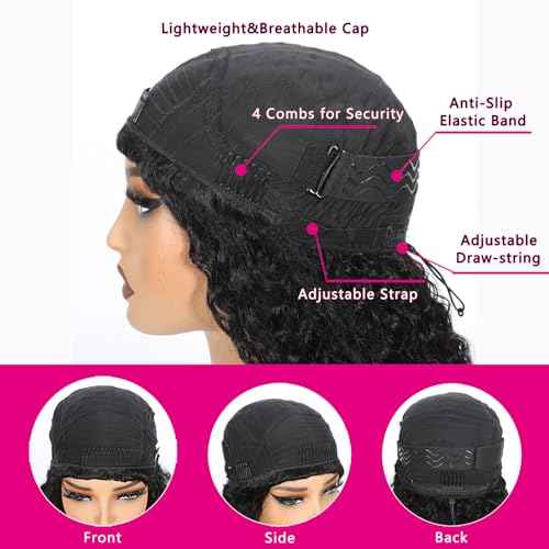 Half Wig Human Hair 200% Density Water Wave Glueless Wigs Human Hair 3 In 1 Drawstring Seamless Flip Over with Adjustable String Invisible Hairline Beginner Friendly Headband Wig 20 Inch