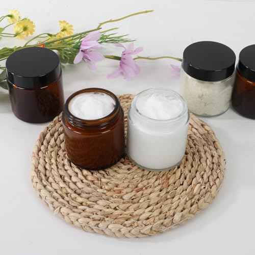 4 oz Amber Round Glass Jars with Black Lids 24 Pack- Portable Empty Glass Containers with Inner Liners for Cosmetic, Food Storage, Body Butters, Body Butter, Candle Jars