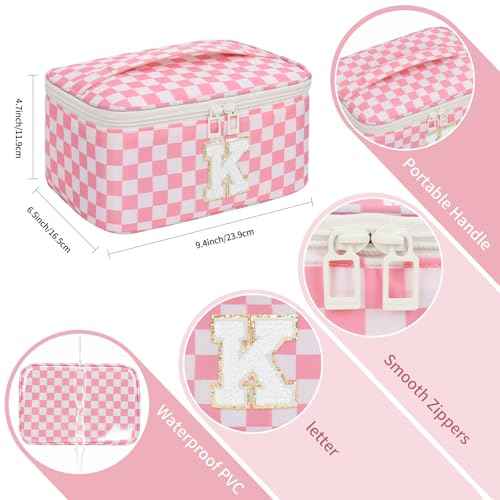 OCHEAL Makeup Bag for Women, Monogram Cosmetic Bag with Brush Holder, Pink Travel Makeup Case Beauty Toiletry Bag Organizer Personalized Gifts for Girls Bridesmaid, Sister, Wife, Friends Initial K