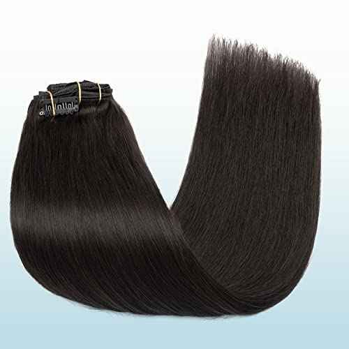 Elailite Clip in Human Hair Extensions, 125g 16 Inch 7pcs #1B Natural Black 100 Real Human Hair, Double Weft Handmade Soft Natural Straight Brazilian Virgin Remy Human Hair for Women