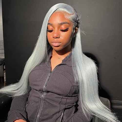 200% Density Silver Grey Lace Front Wigs Human Hair For Women No Mixed Fiber Double Drawn Straight Virgin Hair Wig 13x4 UHD Lace Frontal Wig Brazilian Hair 18 Inches