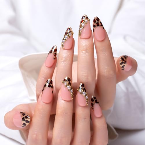 LOVFUL Press on Nails Noir d'Or | Handmade with Full Covered Crystals | Reusable Full Cover Nails | Almond Regular 1.0 in | P003-M