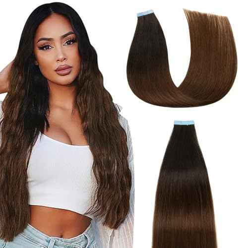 Hair Extensions Real Human Hair Tape in Omber Off Black/Middle Brown 22 inches 20pcs 50g/pack Straight Seamless Weft Skin Hair Tape in Extensions(22 inches #T1b-4)