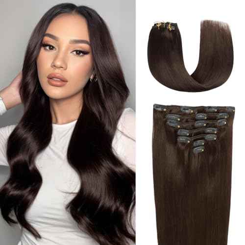 JESSBO Clip in Hair Extensions Real Human Hair 18 Inch 120g 7pcs Dark Brown Seamless Human Hair Clip in Extensions Invisible Double Weft Natural Straight Hair Extensions for Woman (18 Inch #2)