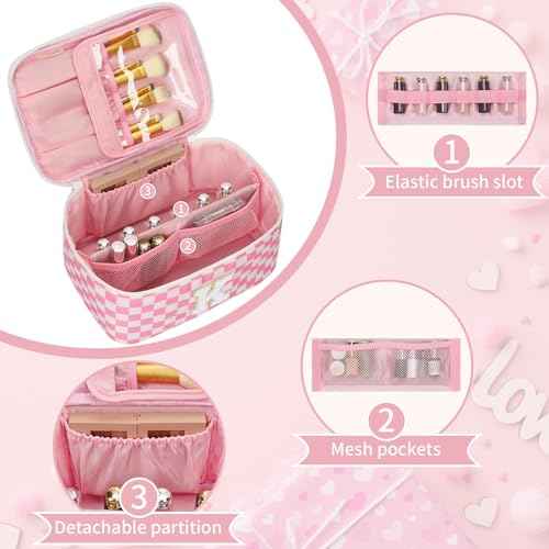 OCHEAL Makeup Bag for Women, Monogram Cosmetic Bag with Brush Holder, Pink Travel Makeup Case Beauty Toiletry Bag Organizer Personalized Gifts for Girls Bridesmaid, Sister, Wife, Friends Initial K