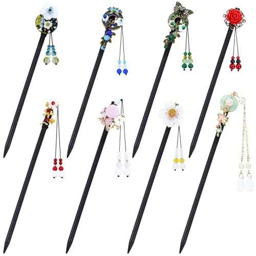 Lawie 8 Pack Wooden Hair Sticks Wood Chinese Hair Pins with Tassel Dangle Crystal Beads Flower Long Hair Chopstick Picks With Charm for Twist Bun Holder Fork Hair Slides Hair Accessories for Women