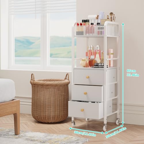 HapiRm Rolling Makeup Cart Organizer - Floor Skincare Make Up Storage with 3 Non-woven Fabric Drawers, Vanity Organizer Cosmetic Display Cases Holder for Skin Care Perfume Nail Polish Brush Hair Tool