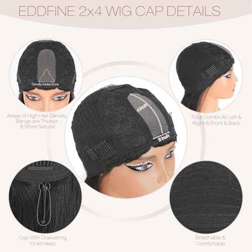 Straight Human Hair Wigs with Bangs 2x4 Lace Closure Wigs Human Hair 180% Density Drawstring Glueless Wigs Human Hair for Women Lace Front Wigs Human Hair Natural Black 20inch.