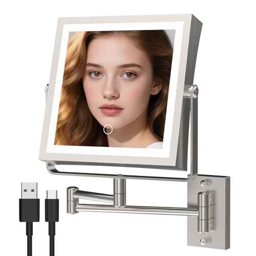 Wall Mounted Makeup Mirror with Lights 4000mAh Rechargeable Double Sided 1X/10X Magnifying Lighted Vanity Mirror with 3 Color Lights & Touch Dimmable 360¡Æ Rotation Extension Swing Arm for Bathroom