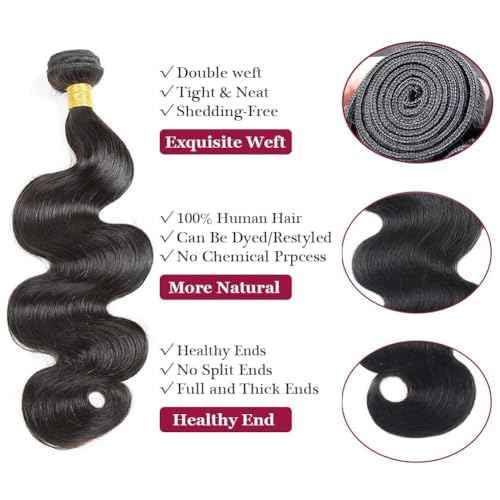 Body Wave Human Hair Bundles 20 22 24 Inch Brazilian 12A Body Wave 3 Bundles Human Hair Weave Bundles 100% Unprocessed Human Hair Extensions Virgin Hair Natural Black