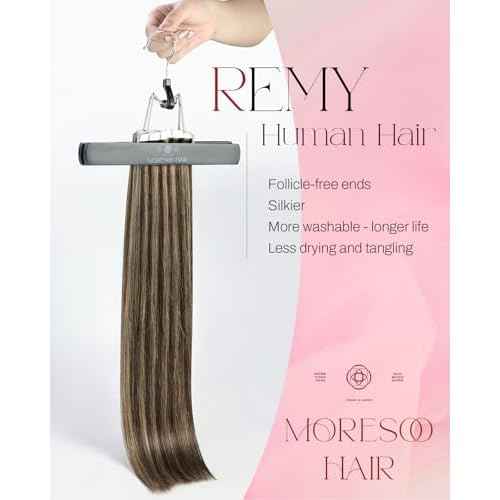 Moresoo Tape in Hair Extensions Human Hair Brown Real Hair Tape in Extensions Dark Brown with Caramel Blonde Human Hair Glue in Human Hair Extensions Fashion Seamless 22 Inch 20Pcs/50g #P4/27